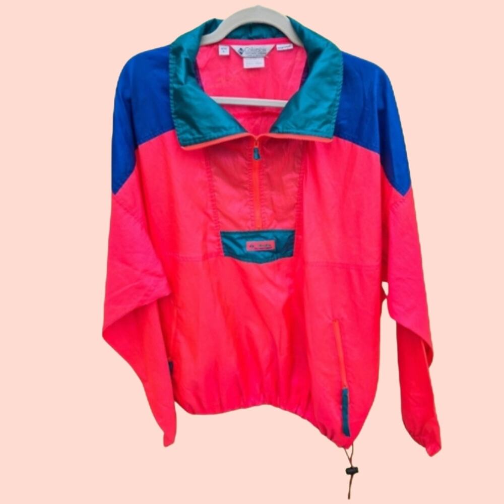 VTG 90s Columbia Men's Jacket Hot Pink Colorblock 1/4 Zip Windbreaker Pullover L